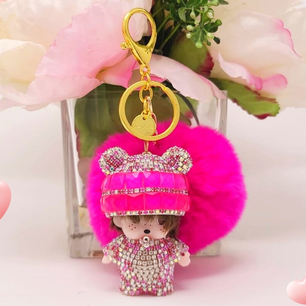 Keychain, Cute Monchichi With Ball Pompom
